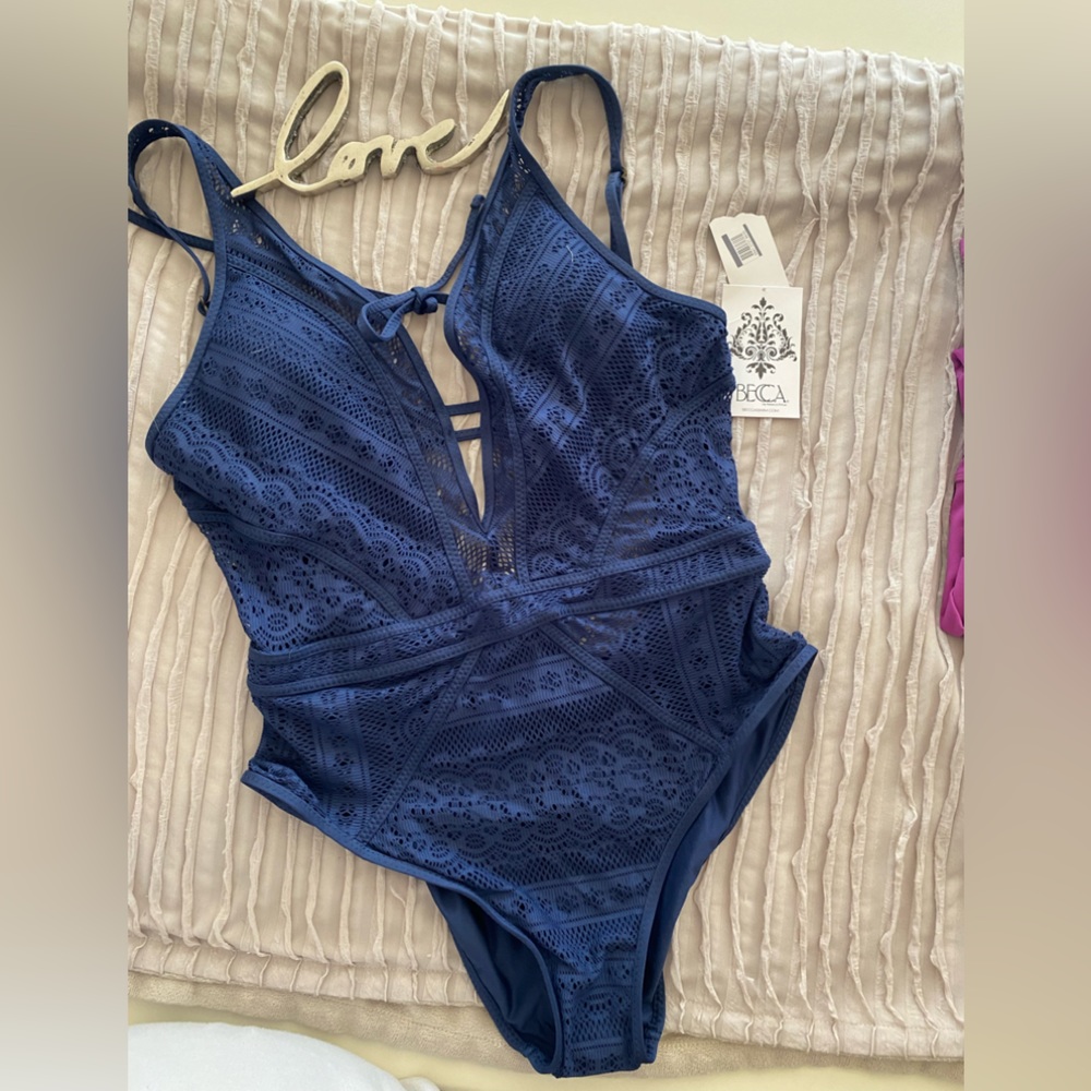 BECCA Deep Blue Crochet Plunge One-Piece Swimsuit - Picture 2 of 7